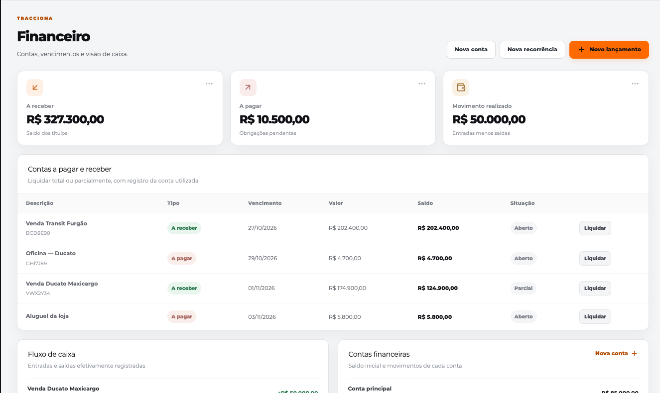 Tela real do financeiro da Tracciona com contas a pagar e receber, usando dados fictícios